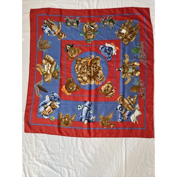 Authentic Hermes Red Blue  Confidents des Coeurs Teddy Bears Scarf HTF - Picture 1 of 16